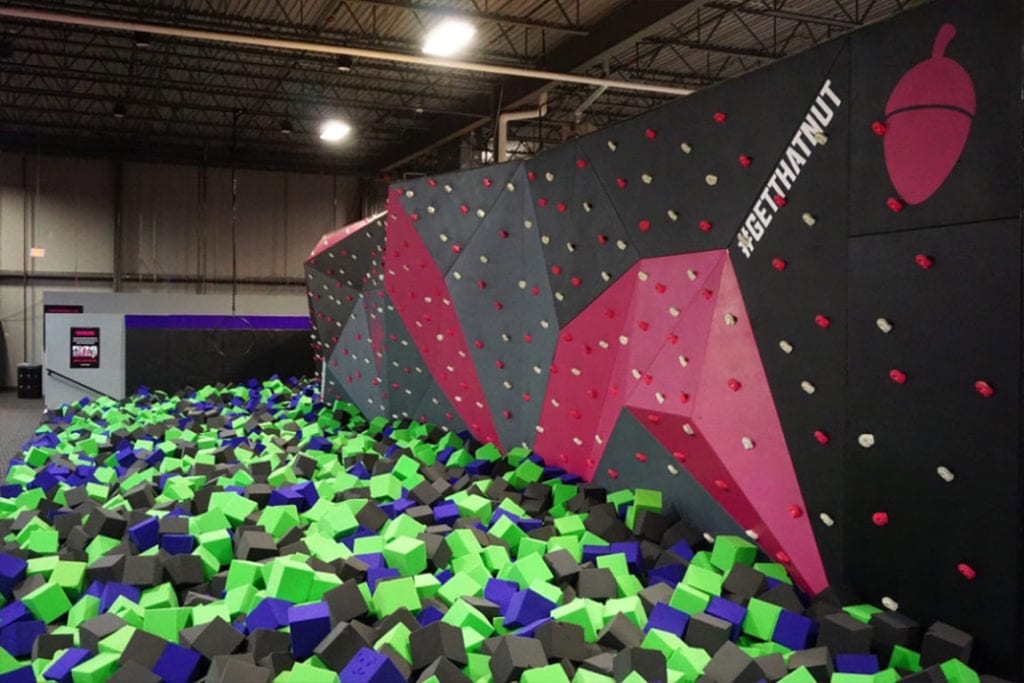 Flying Squirrel climbing wall over a foampit.
