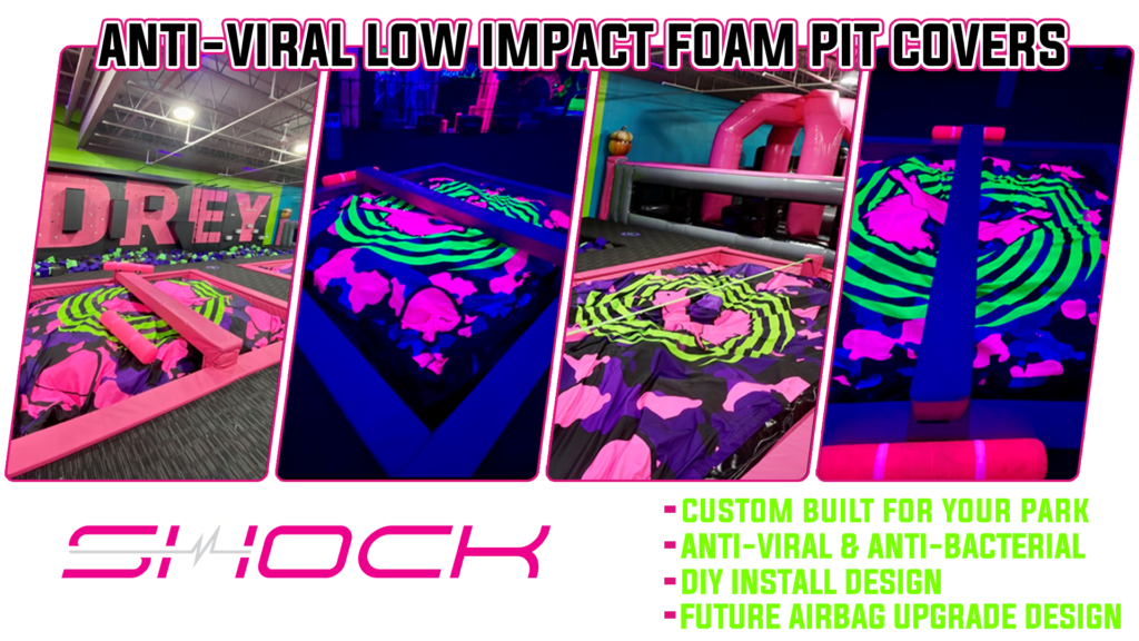 Banner graphic showcasing anti-viral low impact foam pit covers.