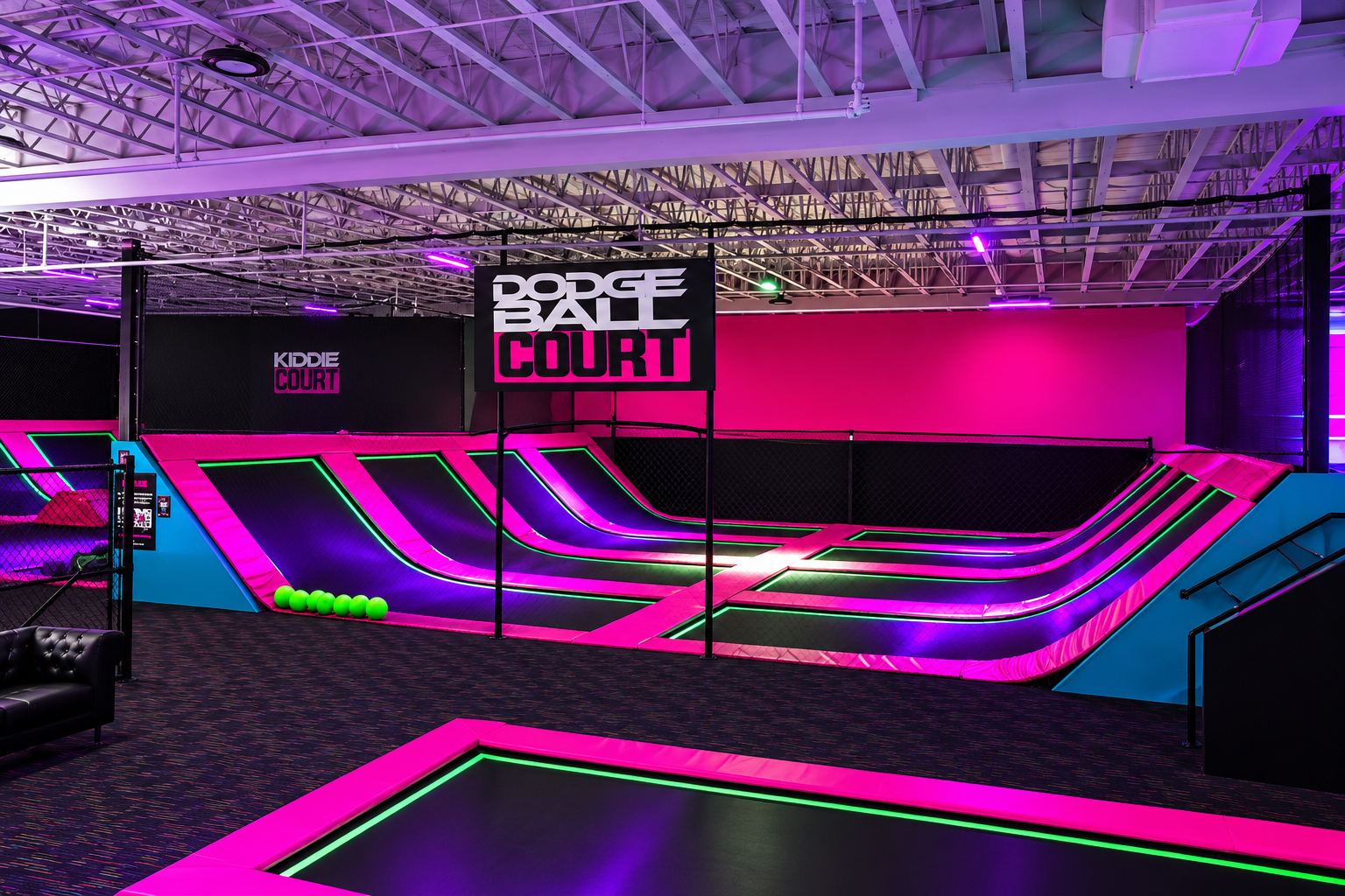 Standard high-wall trampoline dodgeball court with UV-reactive glow pads