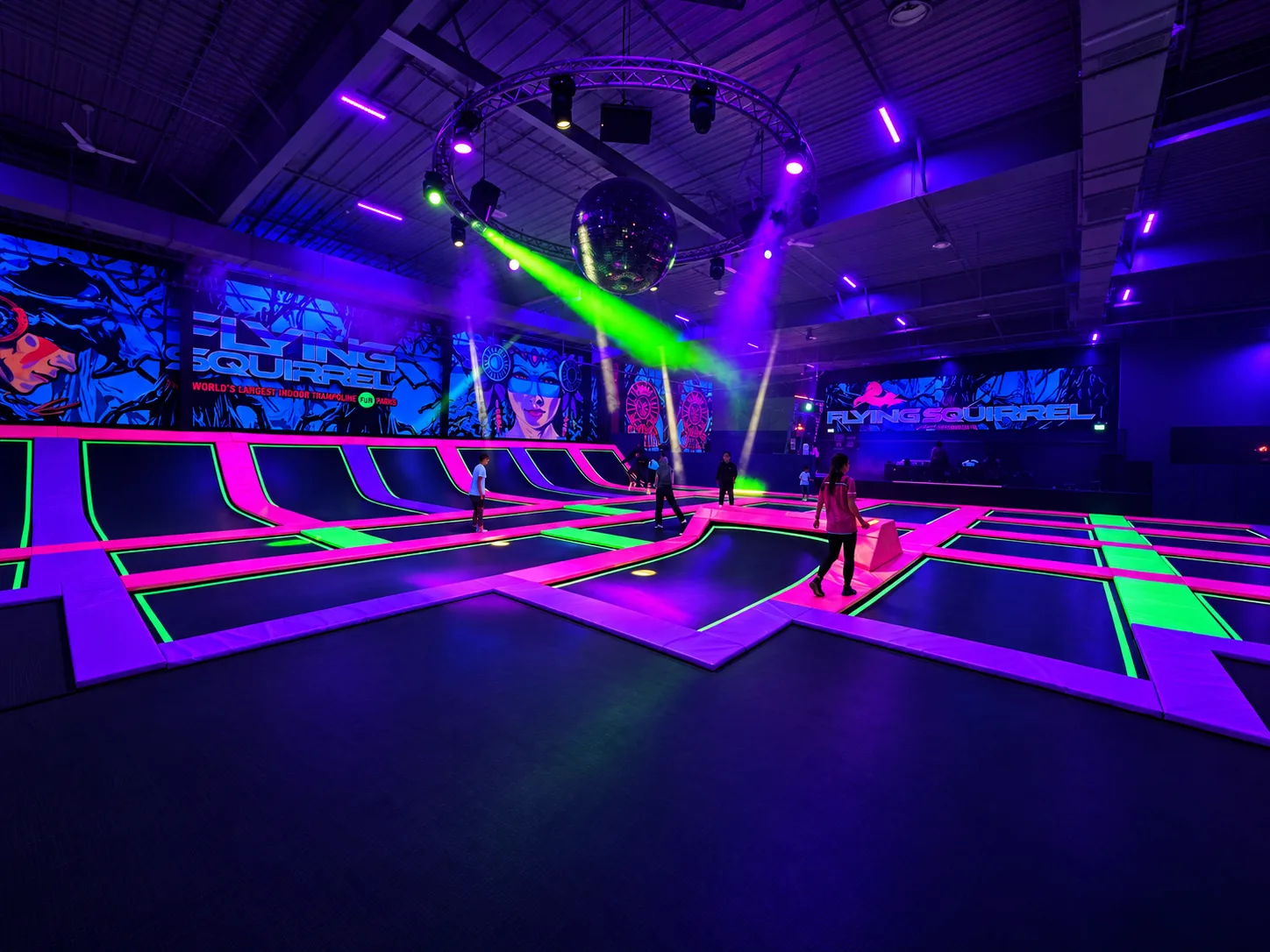 Flying Squirrel freestyle court with laser lights and a disco ball